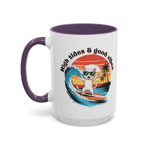 Surfing Cat Coffee Mug - High Tides & Good Vibes - Beach Lover Gift animal lover funny