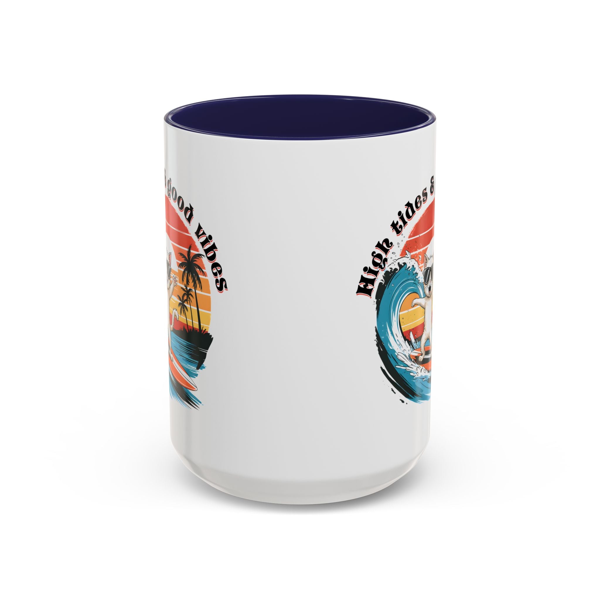 Surfing Cat Coffee Mug - High Tides & Good Vibes - Beach Lover Gift animal lover funny