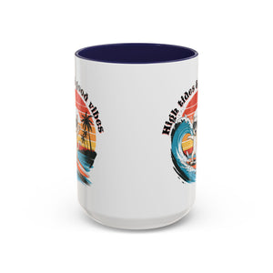 Surfing Cat Coffee Mug - High Tides & Good Vibes - Beach Lover Gift animal lover funny