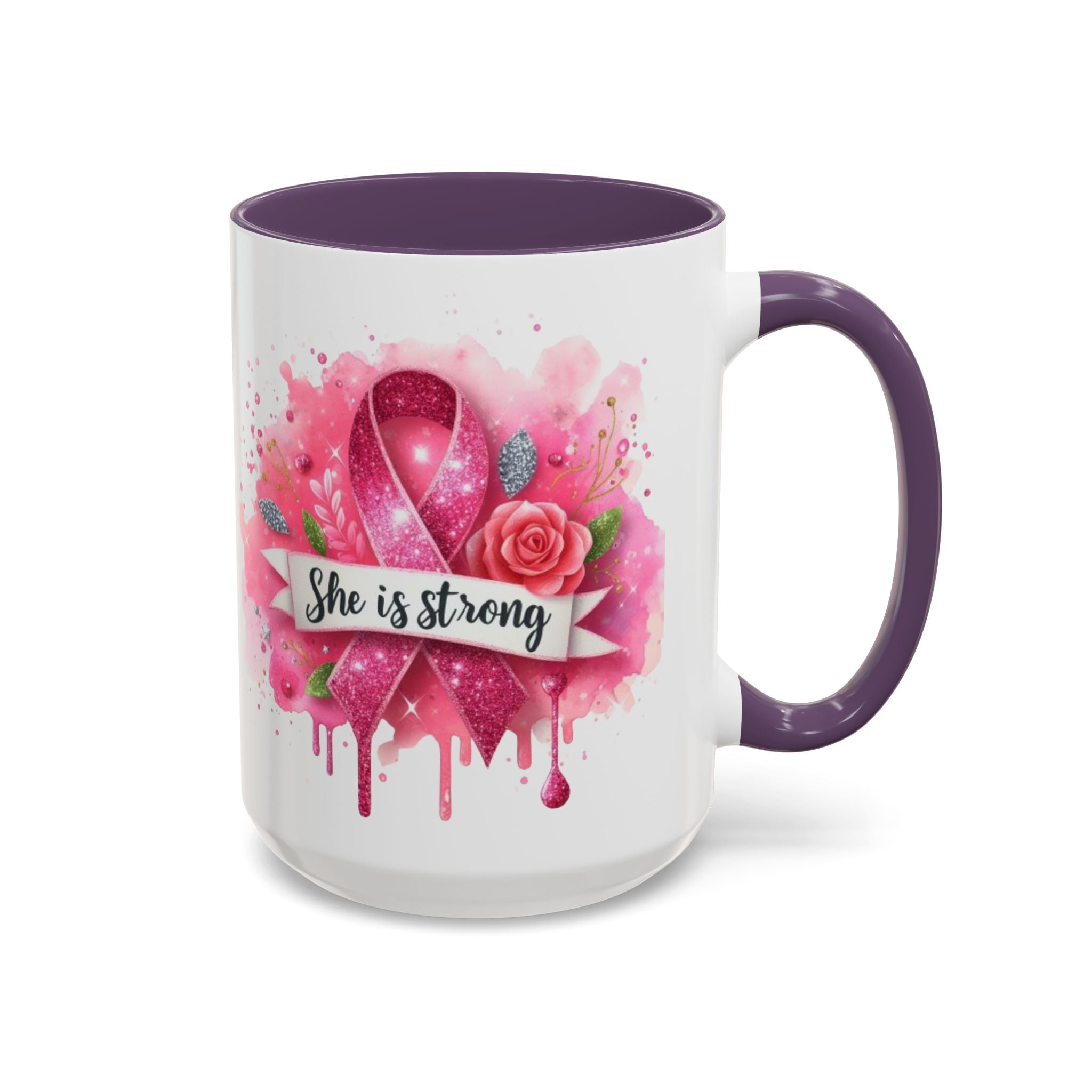 Empowering Pink Ribbon Coffee Mug - She Is Strong, Inspirational Gift for Breast Cancer Awareness, Motivational Drinkware, Supportive [...]