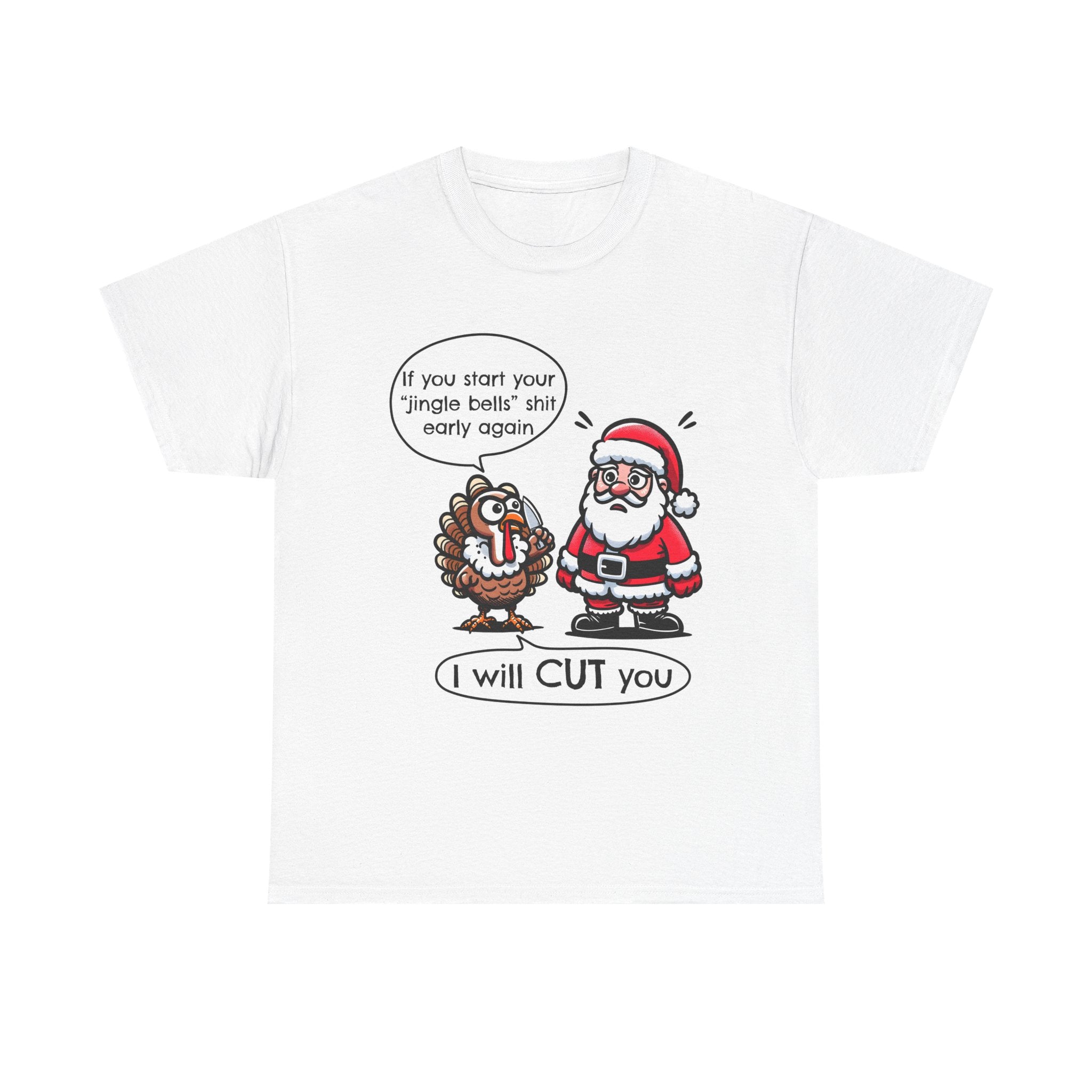 Funny Holiday Tee: 'I Will CUT You' Santa & Turkey Design, Christmas Gift, Unisex Cotton Shirt, Thanksgiving Humor, Festive Apparel