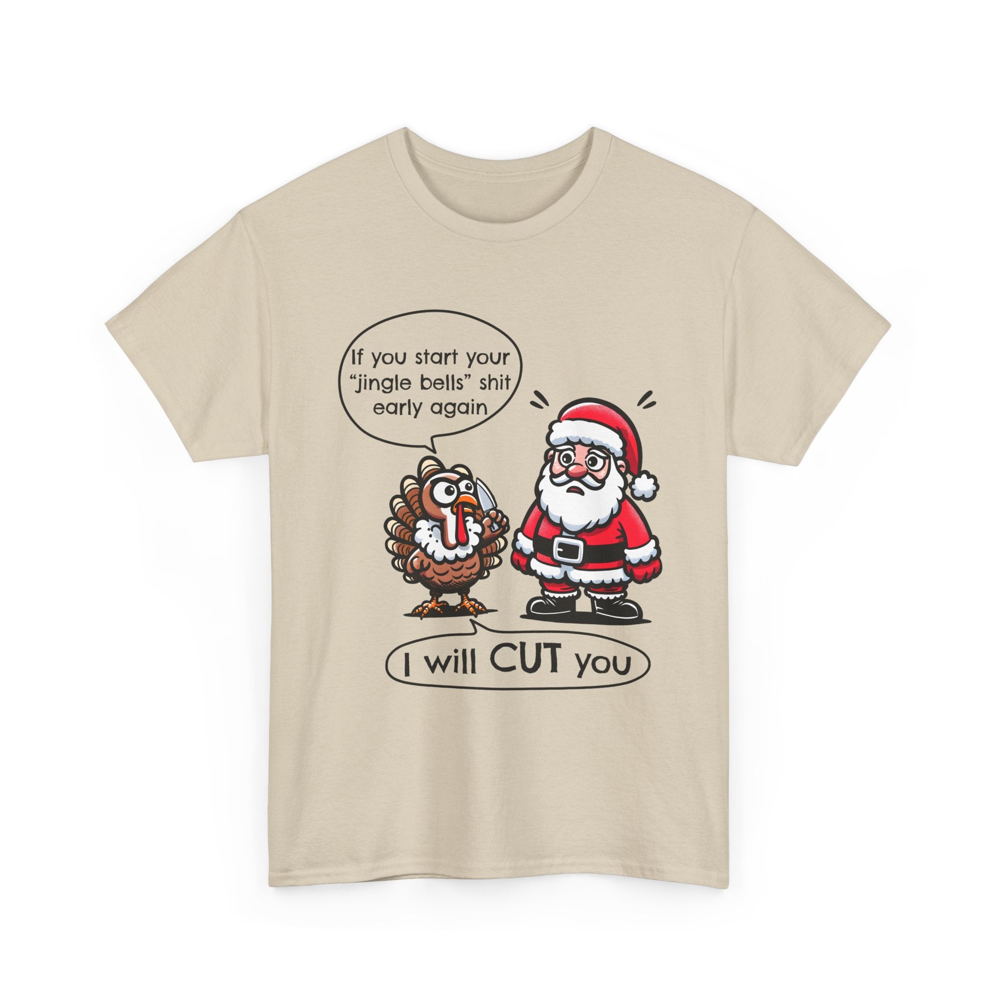 Funny Holiday Tee: 'I Will CUT You' Santa & Turkey Design, Christmas Gift, Unisex Cotton Shirt, Thanksgiving Humor, Festive Apparel