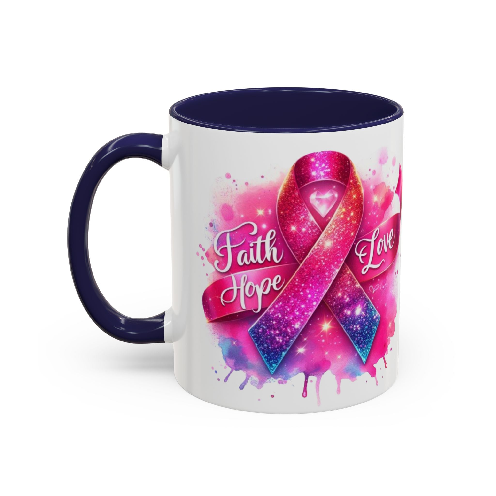 Inspirational Ribbon Coffee Mug - Faith, Hope, Love, Support, Gift for Cancer Awareness, Breast Cancer, Encouragement, Motivational