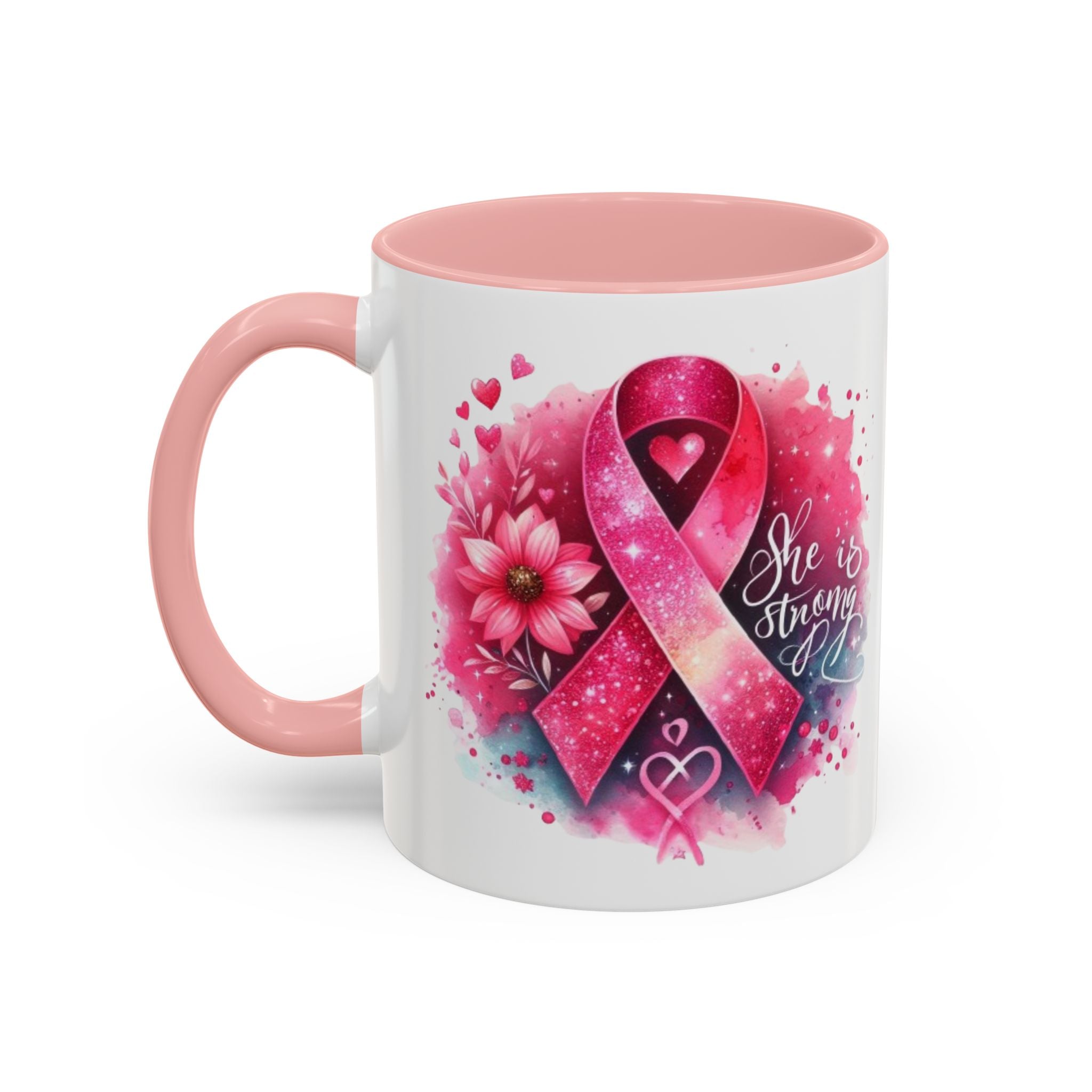 Breast Cancer Awareness Coffee Mug - Inspirational Gift, Motivational Drinkware, Supportive Cup, Pink Ribbon Design, She Is Strong