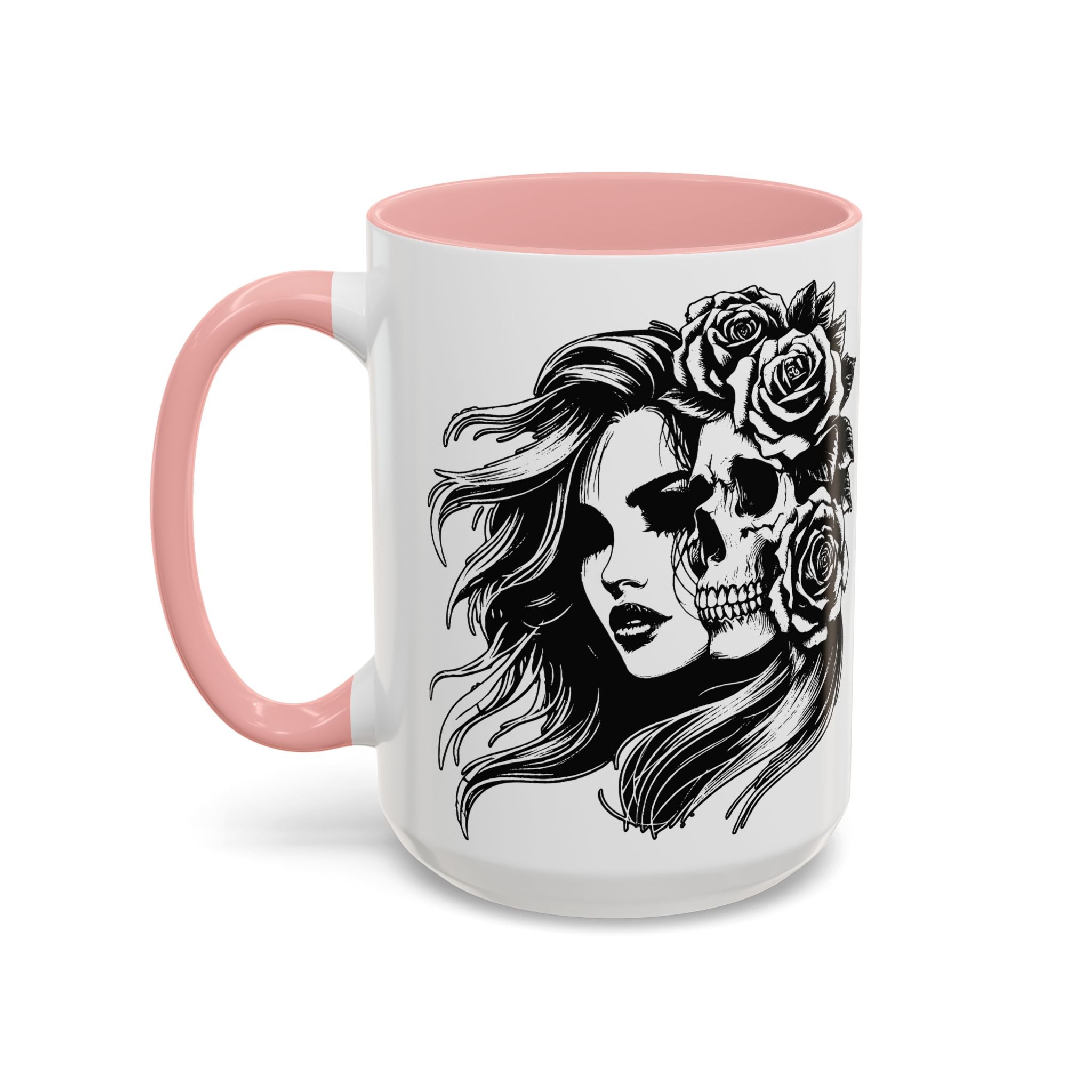 Skull & Rose Accent Coffee Mug — Gothic Half-Skull Woman 11/15oz