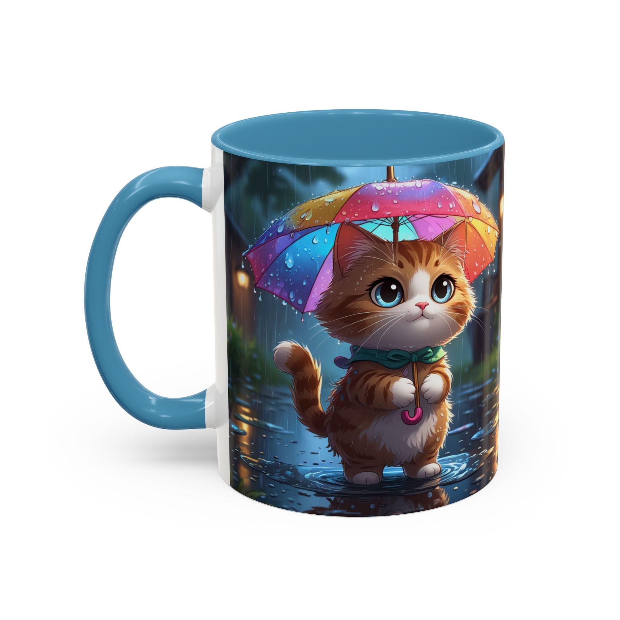 Cute Rainy Day Cat Mug — Kawaii Kitten with Rainbow Umbrella Coffee Cup (11/15oz)