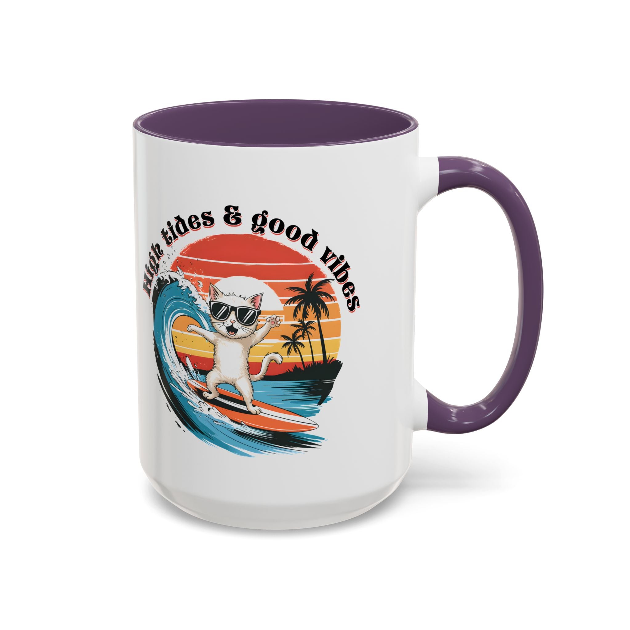 Surfing Cat Coffee Mug - High Tides & Good Vibes - Beach Lover Gift animal lover funny