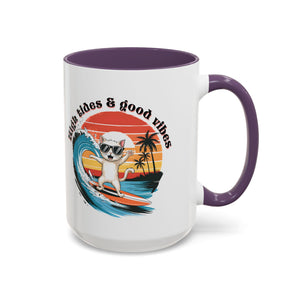 Surfing Cat Coffee Mug - High Tides & Good Vibes - Beach Lover Gift animal lover funny