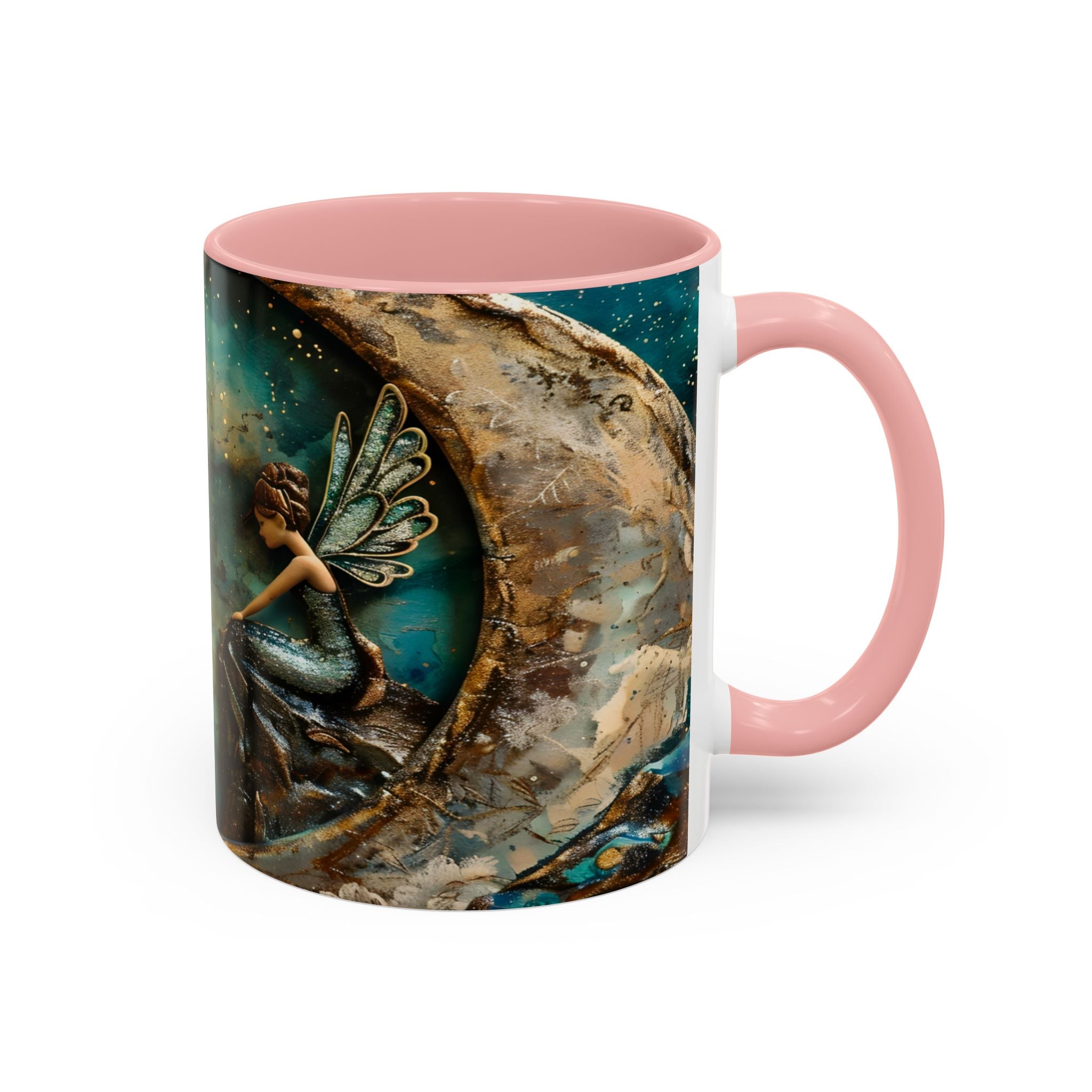 Fairy on the Moon Accent Coffee Mug – Mystical Teal Celestial Ceramic Mug (11/15oz) fantasy