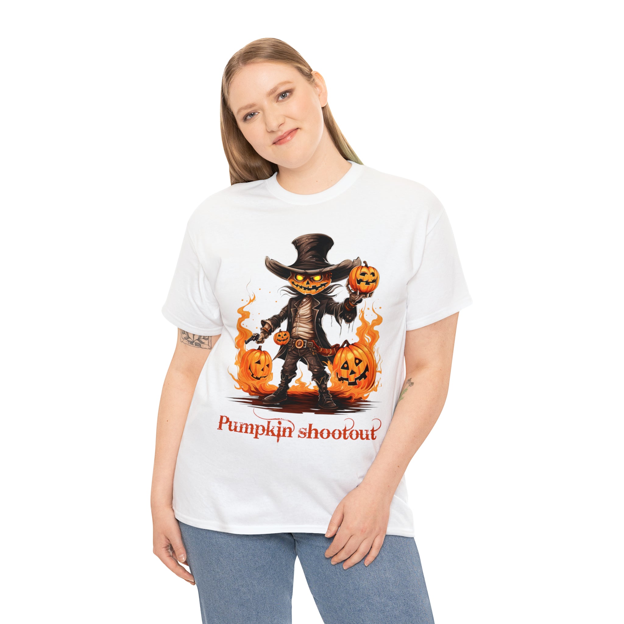 Halloween t shirt pumpkin western style shootout funny fall fun scary stocking stuffer for whole family  cotton tee