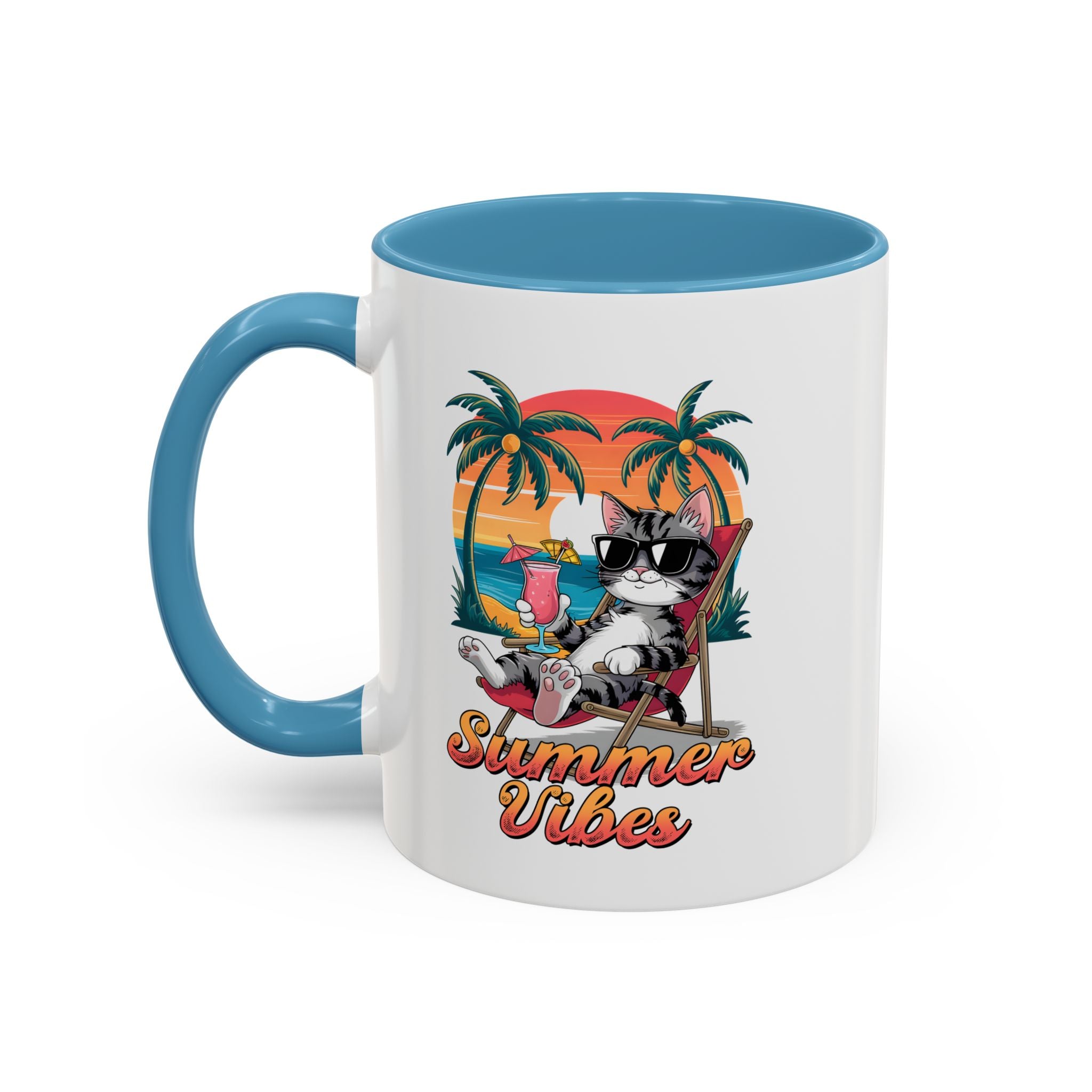 Summer Vibes Coffee Mug, Tropical Cat Mug, Beach Lover Gift, Fun Animal Sipware, Vacation-themed Drinkware, Pet Lover Cup