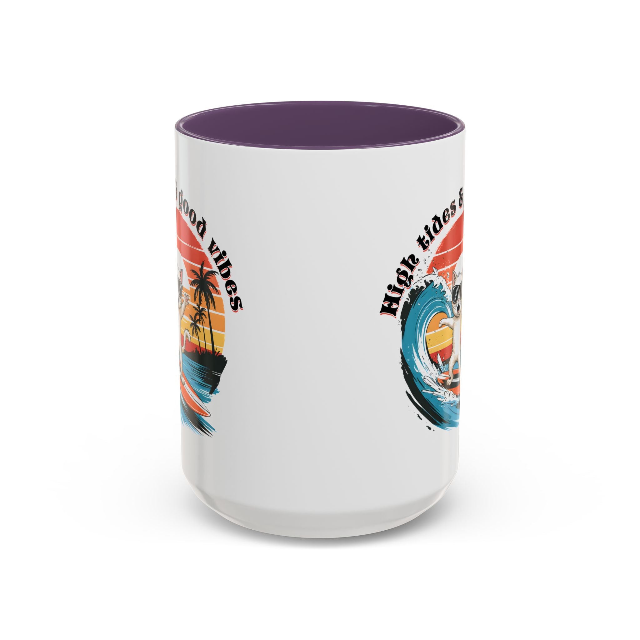 Surfing Cat Coffee Mug - High Tides & Good Vibes - Beach Lover Gift animal lover funny
