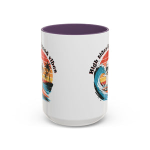 Surfing Cat Coffee Mug - High Tides & Good Vibes - Beach Lover Gift animal lover funny