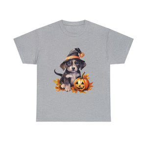 halloween t shirt puppy in witch hat cute gift for her stocking stuffer fall fun item for whole family Unisex Heavy Cotton Tee