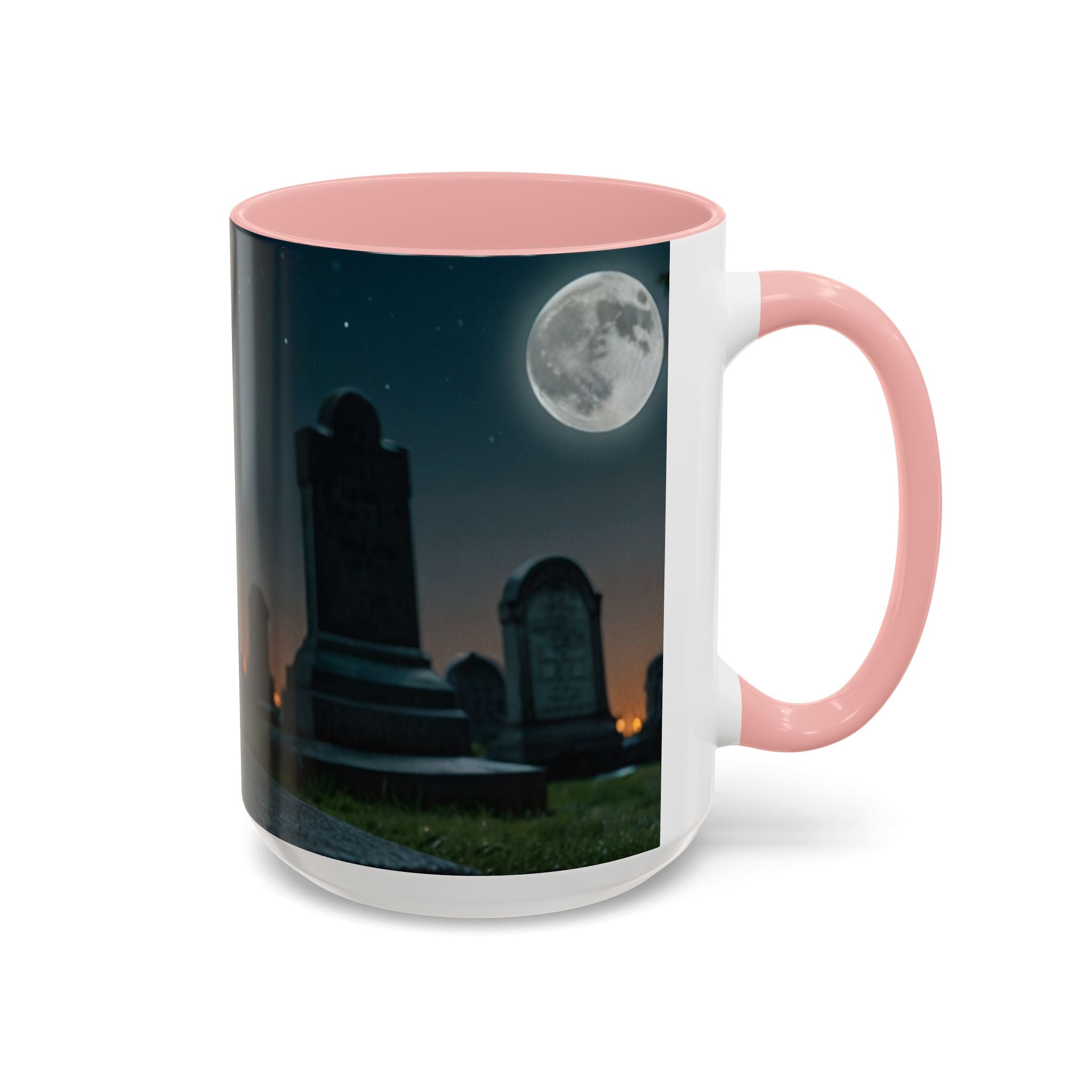 Spooky Black Cat Accent Coffee Mug in graveyard at night with full moon halloween