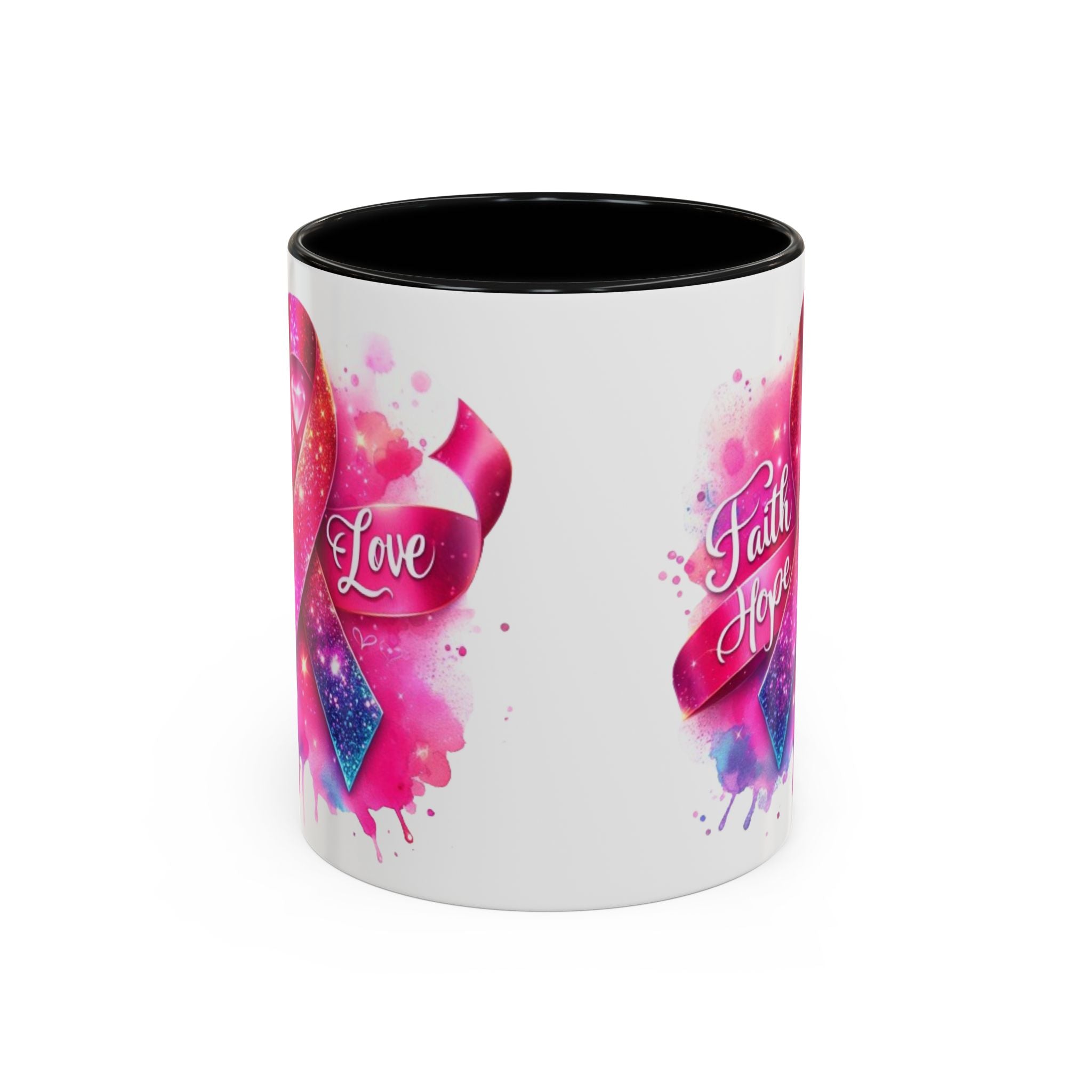 Inspirational Ribbon Coffee Mug - Faith, Hope, Love, Support, Gift for Cancer Awareness, Breast Cancer, Encouragement, Motivational