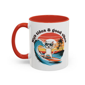 Surfing Cat Coffee Mug - High Tides & Good Vibes - Beach Lover Gift animal lover funny