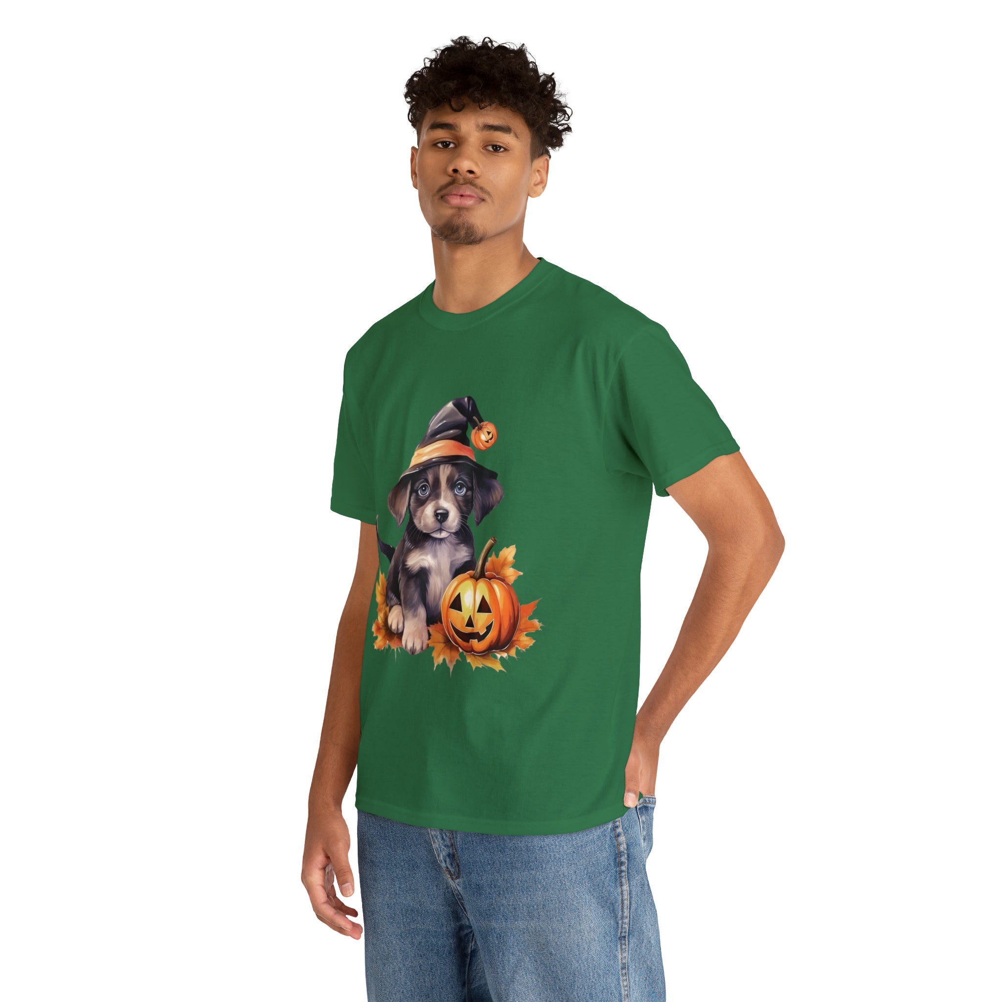 halloween t shirt puppy in witch hat cute gift for her stocking stuffer fall fun item for whole family Unisex Heavy Cotton Tee
