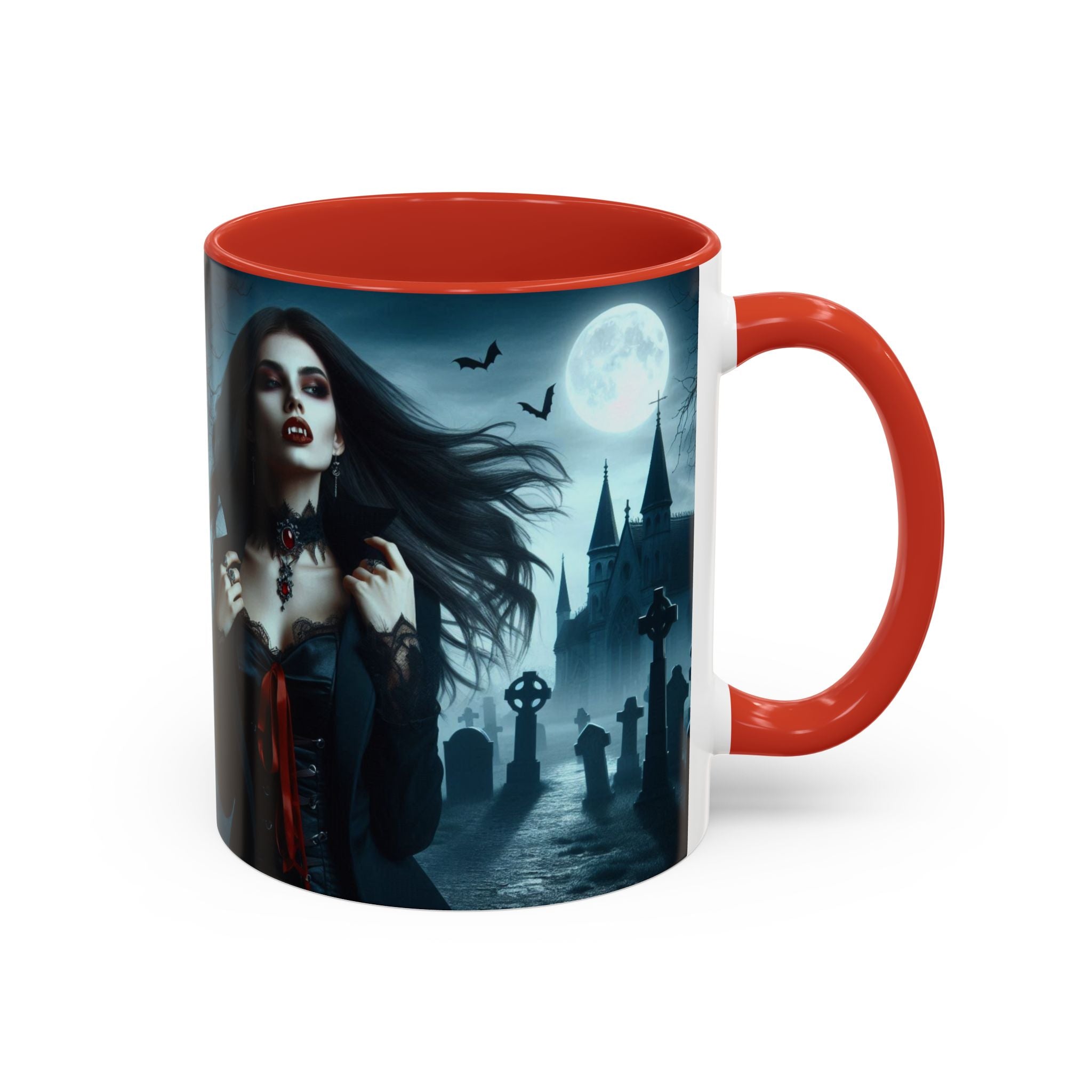 Gothic Vampire Coffee Mug - Spooky Halloween Drinkware in graveyard by castle