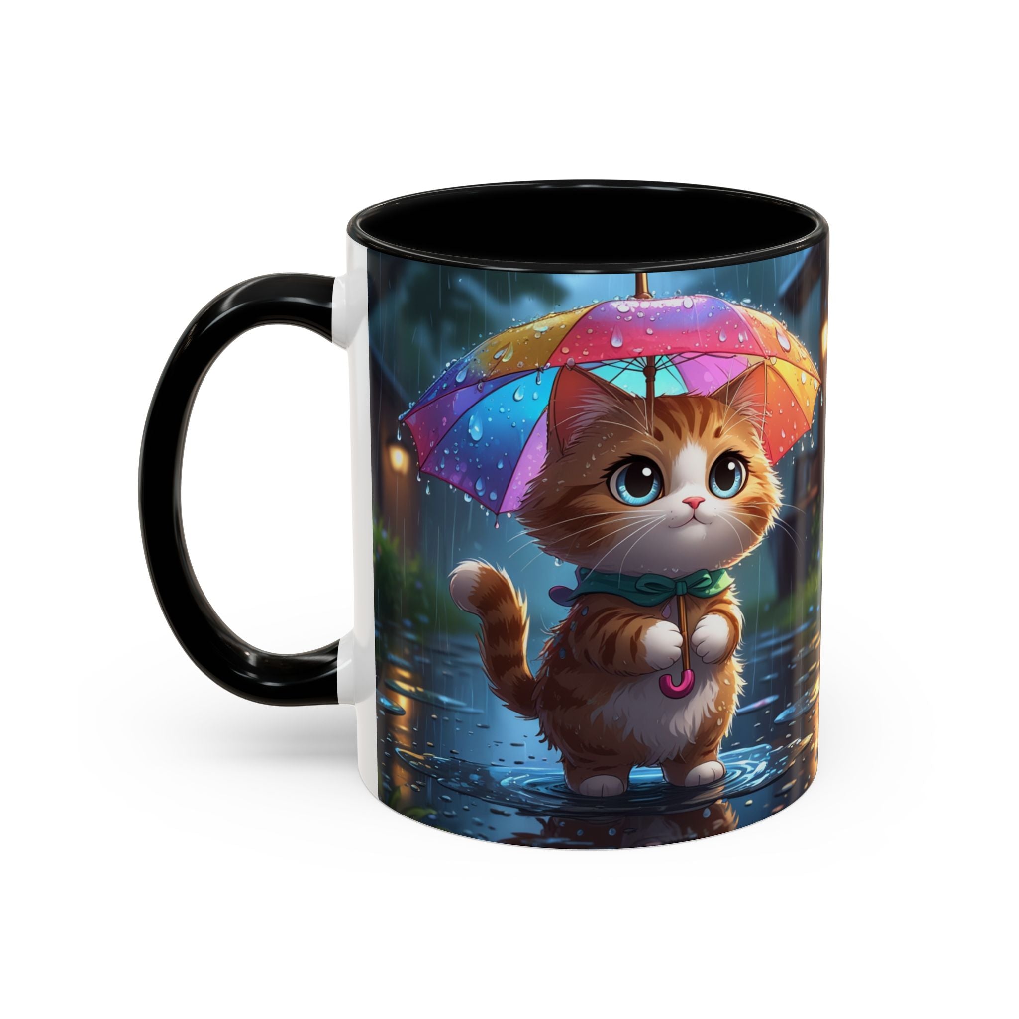 Cute Rainy Day Cat Mug — Kawaii Kitten with Rainbow Umbrella Coffee Cup (11/15oz)