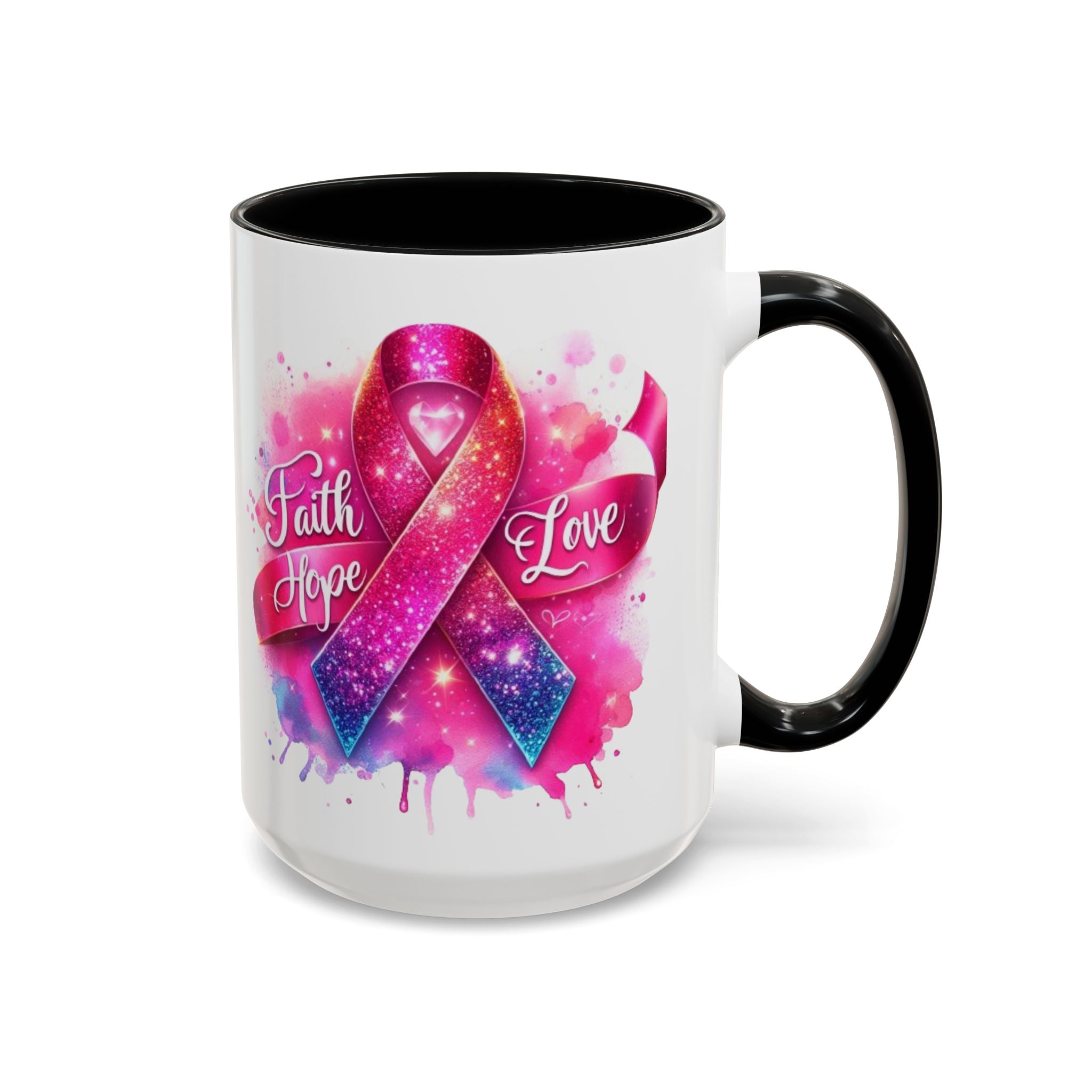 Inspirational Ribbon Coffee Mug - Faith, Hope, Love, Support, Gift for Cancer Awareness, Breast Cancer, Encouragement, Motivational
