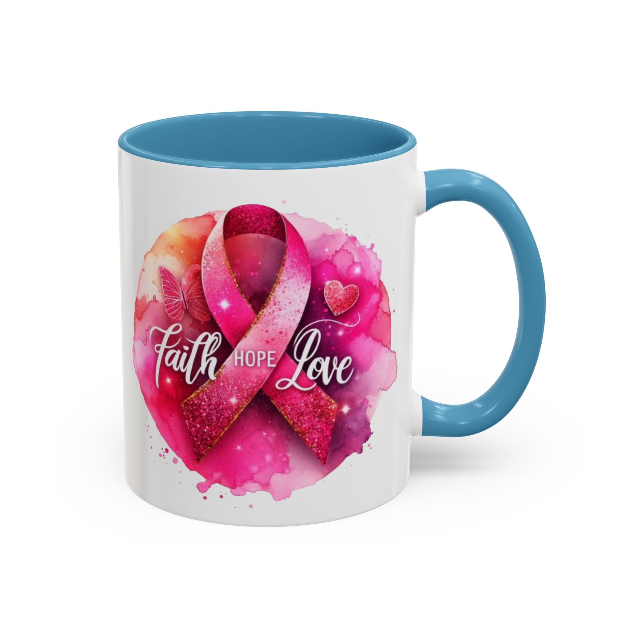 Inspirational Accent Coffee Mug with Pink Ribbon Design, Faith Hope Love Gift, Cancer Awareness Mug, Supportive Drinkware, Meaningful [...]
