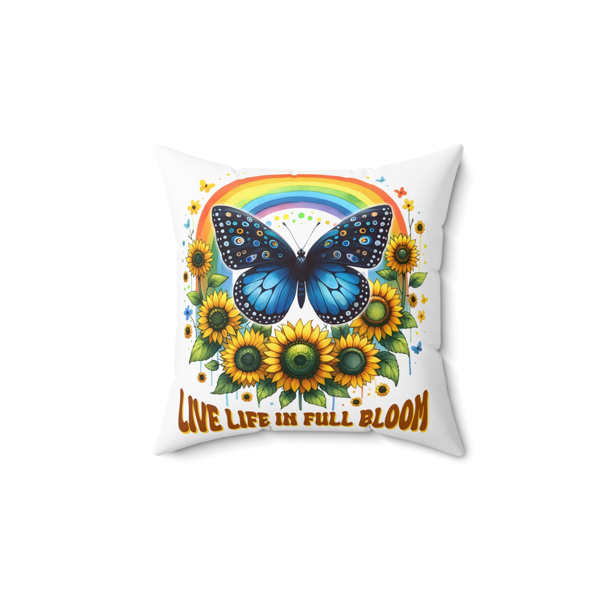 Butterfly & Sunflower Throw Pillow — "Live Life in Full Bloom" Decorative Cushion