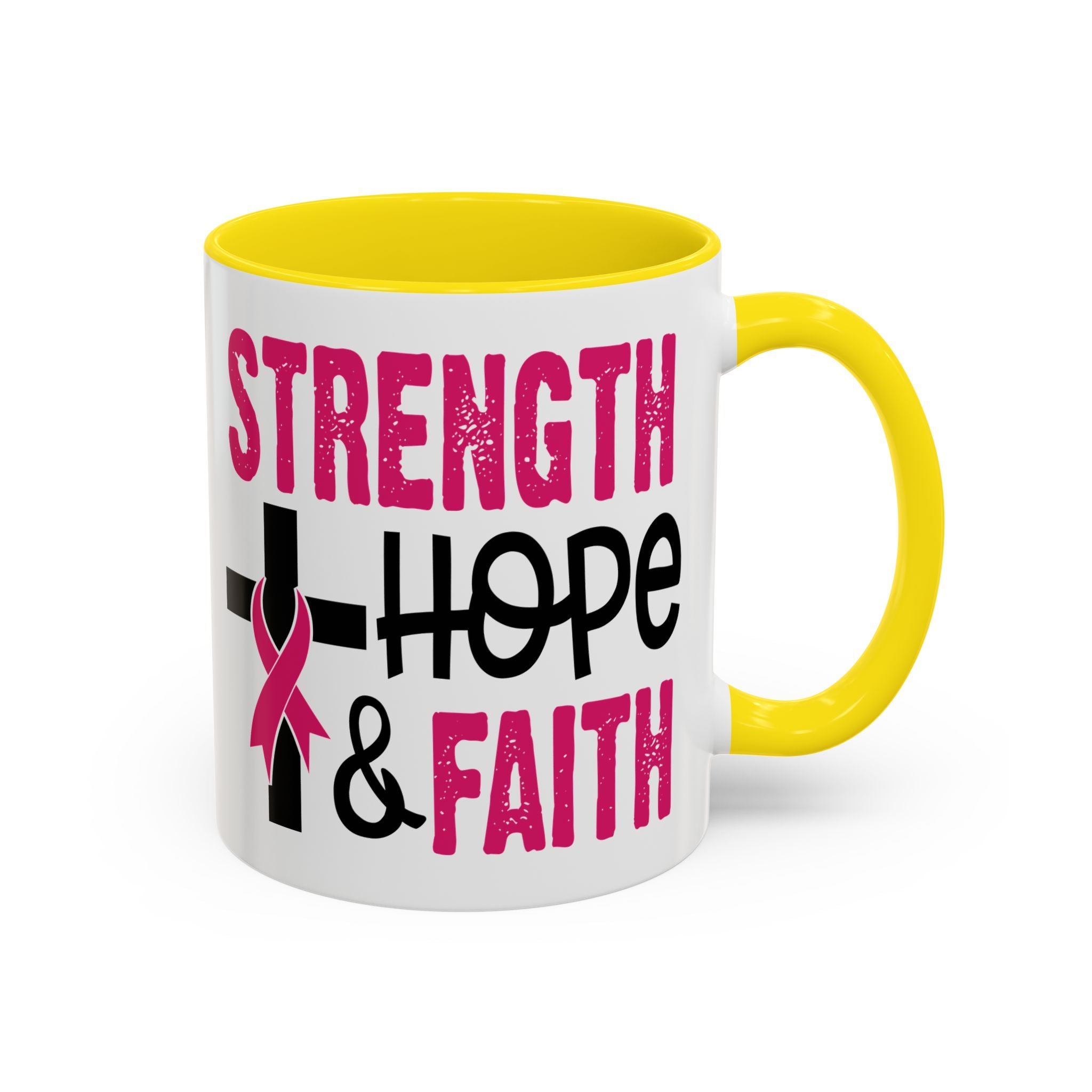Inspirational Coffee Mug - Strength, Hope, Faith, Pink Ribbon, Christian Gifts, Motivational Drinkware, Breast Cancer Awareness