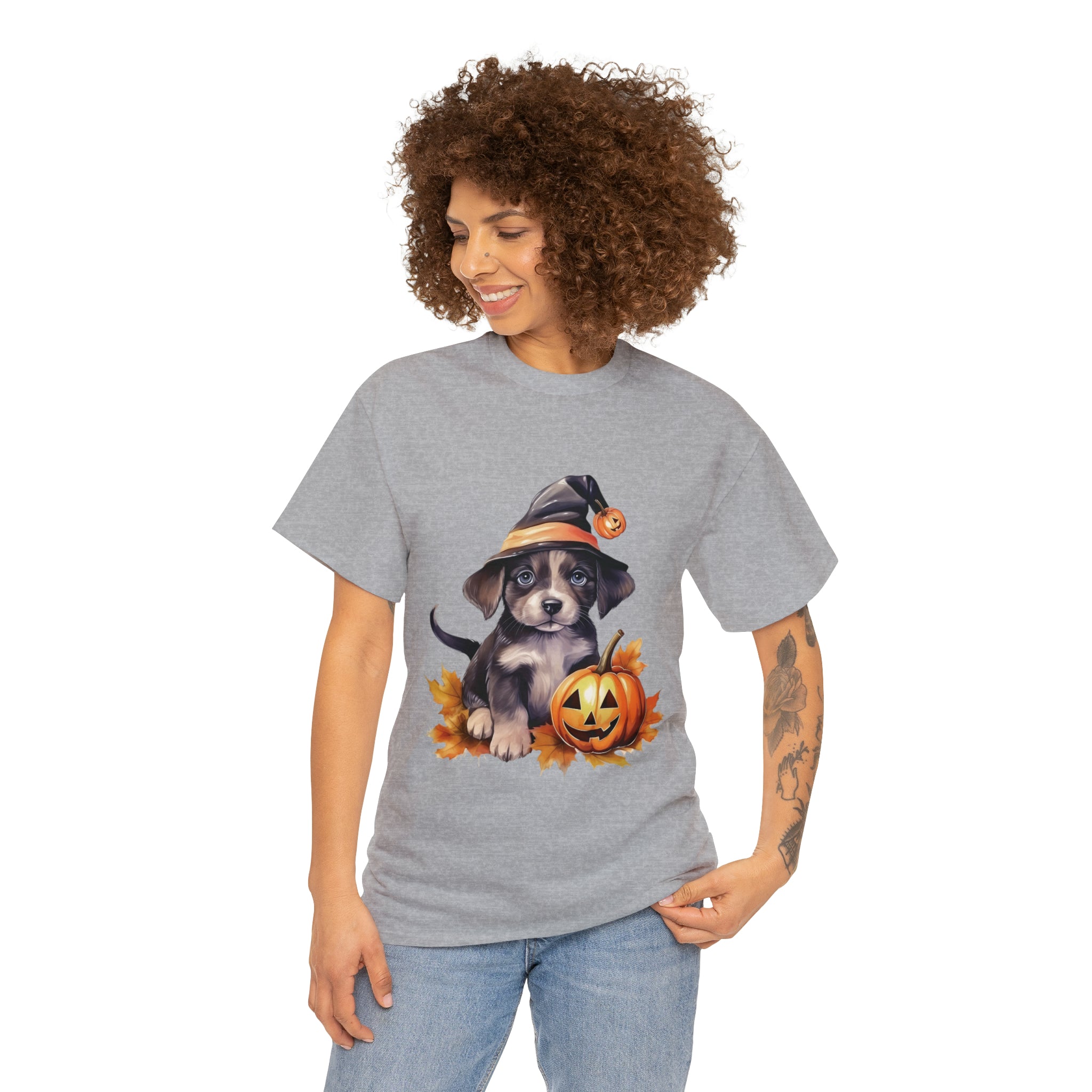 halloween t shirt puppy in witch hat cute gift for her stocking stuffer fall fun item for whole family Unisex Heavy Cotton Tee