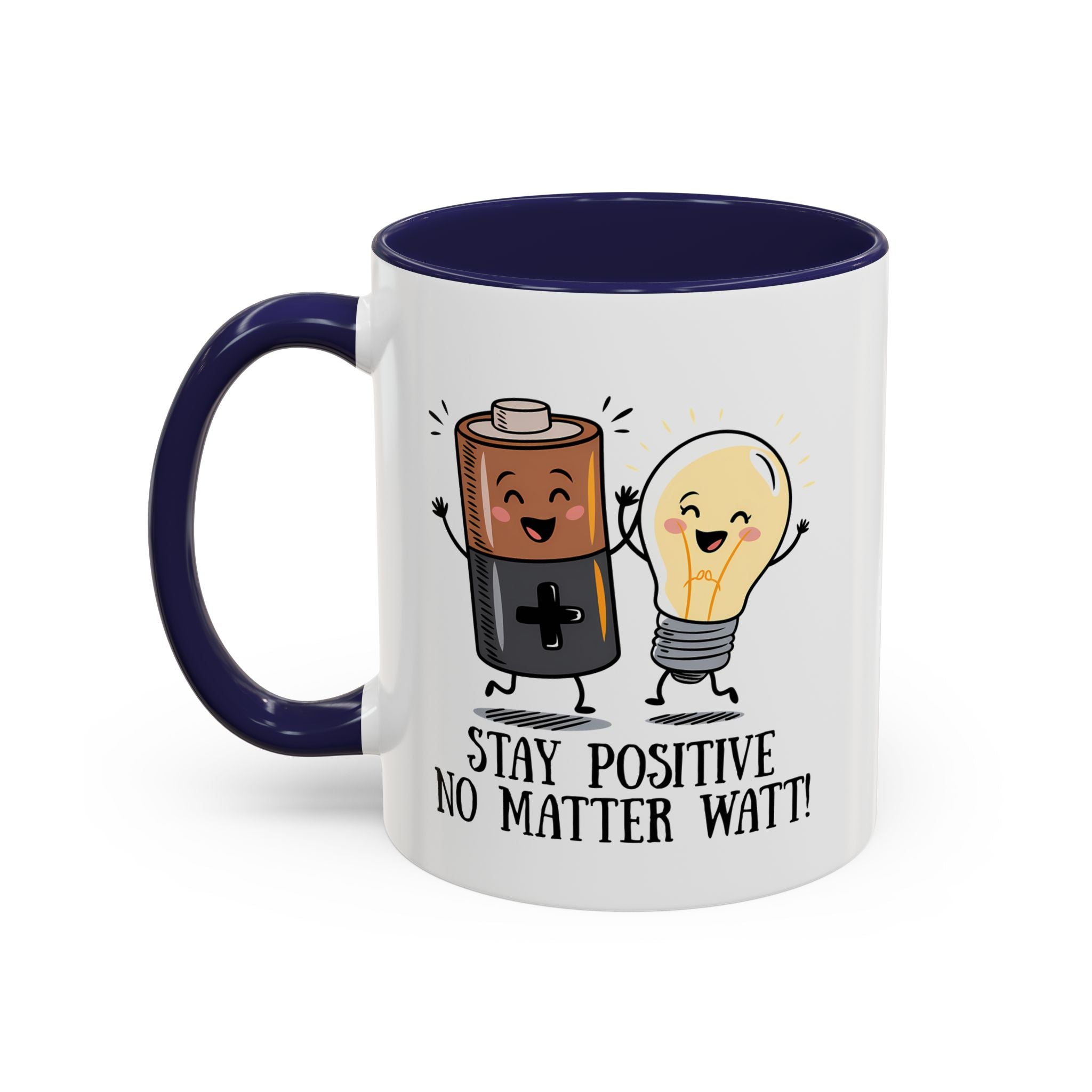 Stay Positive Accent Coffee Mug - 11oz & 15oz - Cute Light Bulb & Battery Design