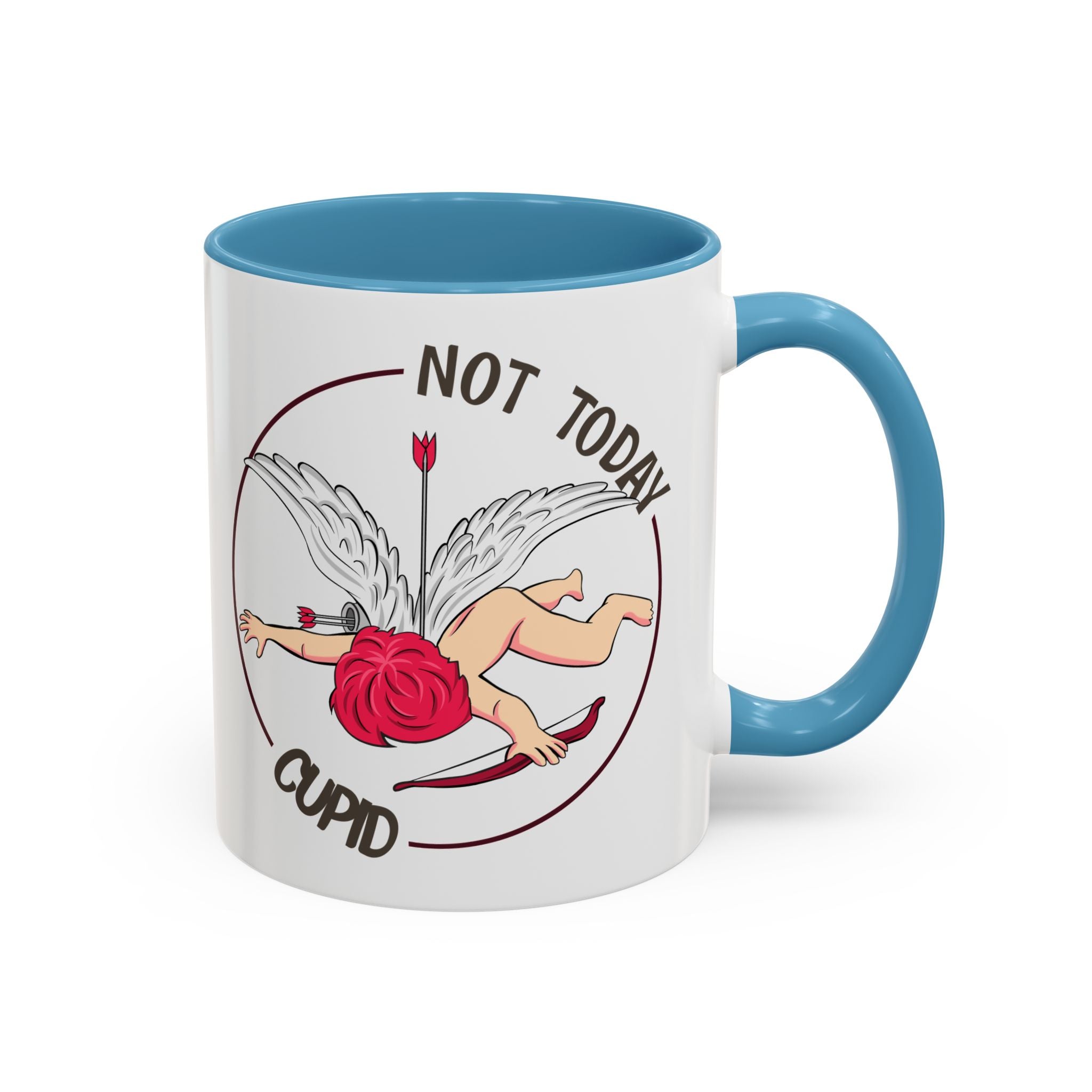 Not Today Cupid Coffee Mug — Funny Anti-Valentine Accent Mug (11/15oz)