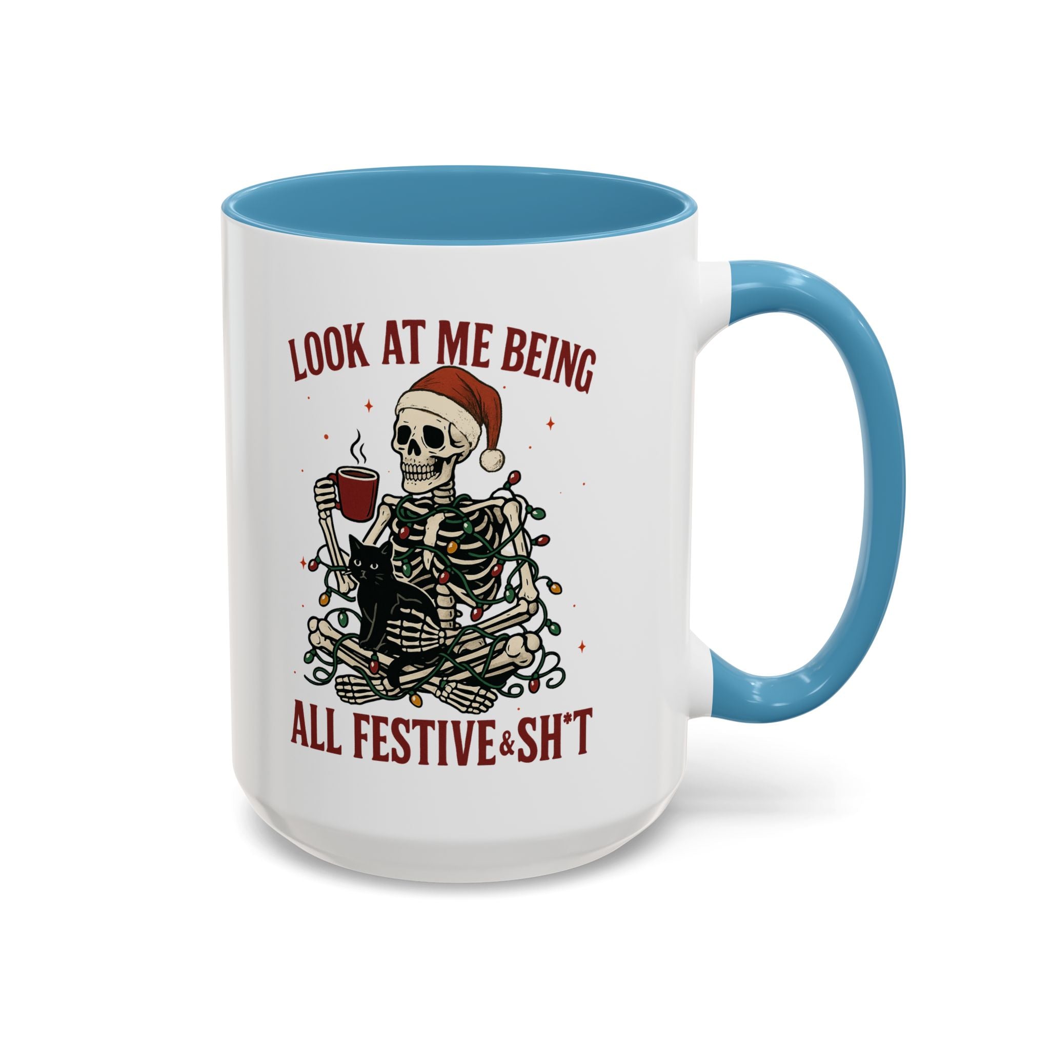 Festive Skeleton Coffee Mug, Unique Holiday Gift, Halloween Decor, Cat Lover's Mug, Funny Gift for Friends