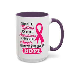 Inspirational Pink Ribbon Coffee Mug: Support Fighters, Admire Survivors, Celebrate Hope, Gift for Cancer Awareness, Motivational Mug