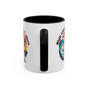 Surfing Cat Coffee Mug - High Tides & Good Vibes - Beach Lover Gift animal lover funny