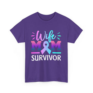 Wife Mom Survivor Tee, Unisex Heavy Cotton Tee, Cancer Awareness Shirt, Gift for Survivors, Inspirational Mom Shirt
