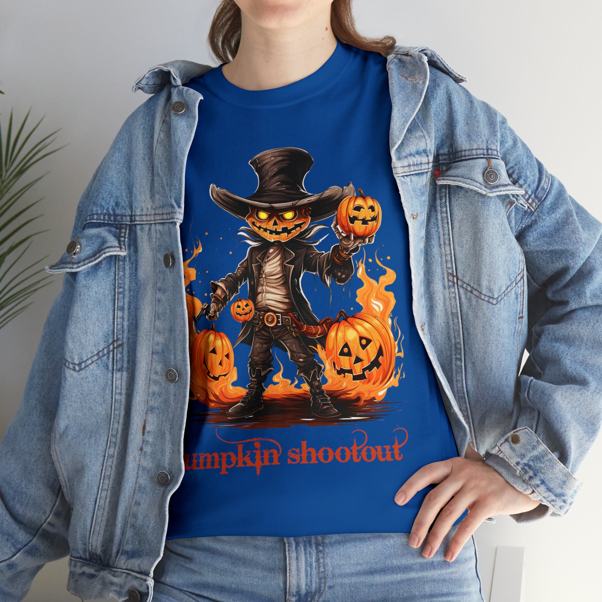 Halloween t shirt pumpkin western style shootout funny fall fun scary stocking stuffer for whole family  cotton tee