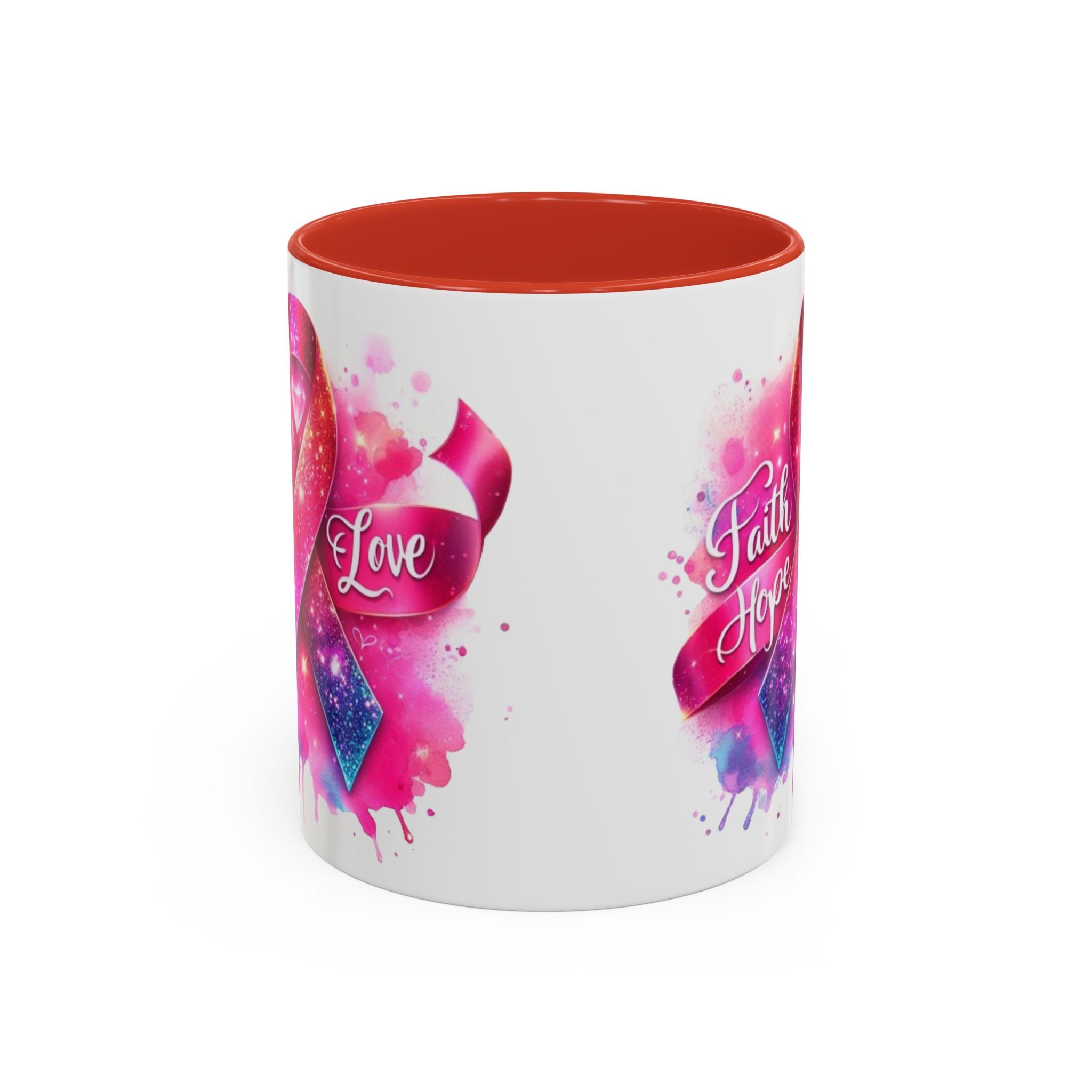 Inspirational Ribbon Coffee Mug - Faith, Hope, Love, Support, Gift for Cancer Awareness, Breast Cancer, Encouragement, Motivational