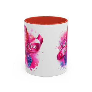 Inspirational Ribbon Coffee Mug - Faith, Hope, Love, Support, Gift for Cancer Awareness, Breast Cancer, Encouragement, Motivational
