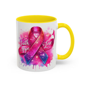 Inspirational Ribbon Coffee Mug - Faith, Hope, Love, Support, Gift for Cancer Awareness, Breast Cancer, Encouragement, Motivational