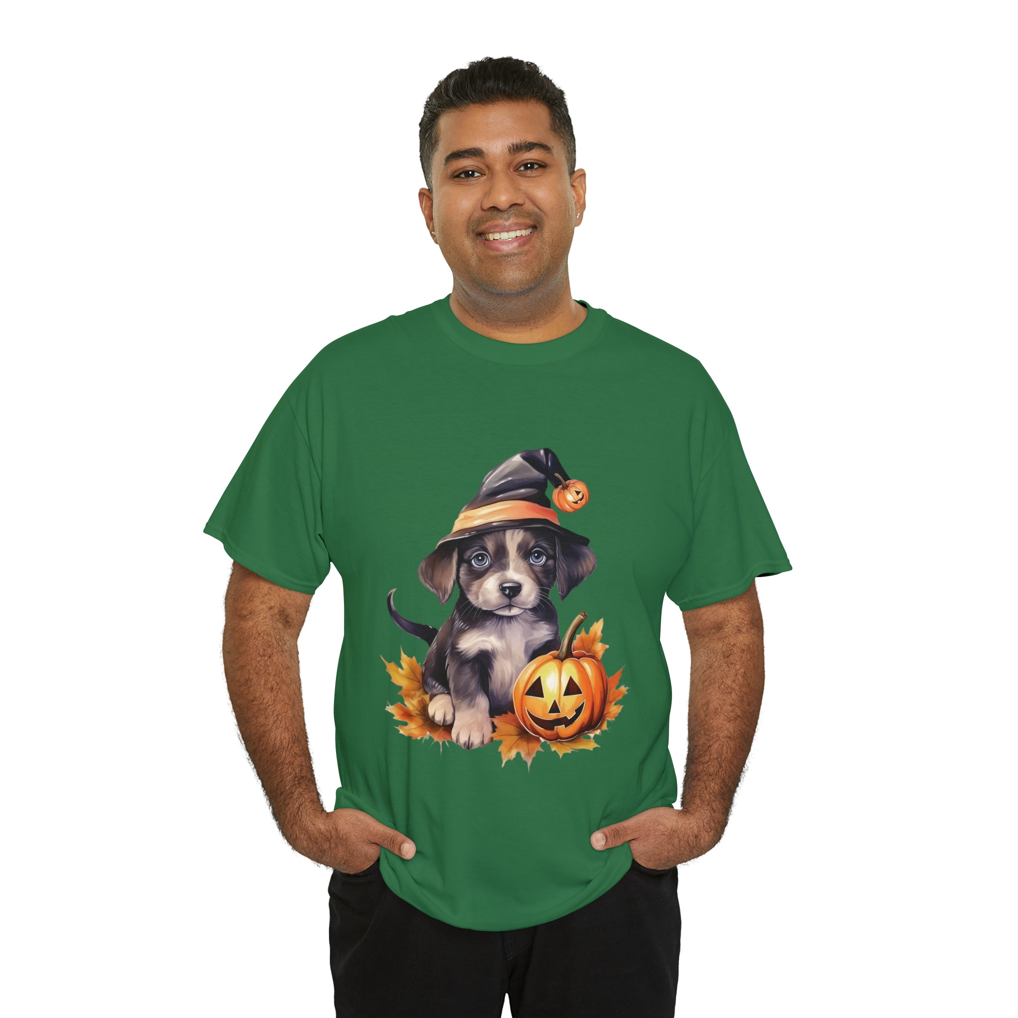 halloween t shirt puppy in witch hat cute gift for her stocking stuffer fall fun item for whole family Unisex Heavy Cotton Tee