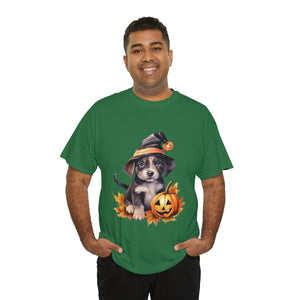 halloween t shirt puppy in witch hat cute gift for her stocking stuffer fall fun item for whole family Unisex Heavy Cotton Tee