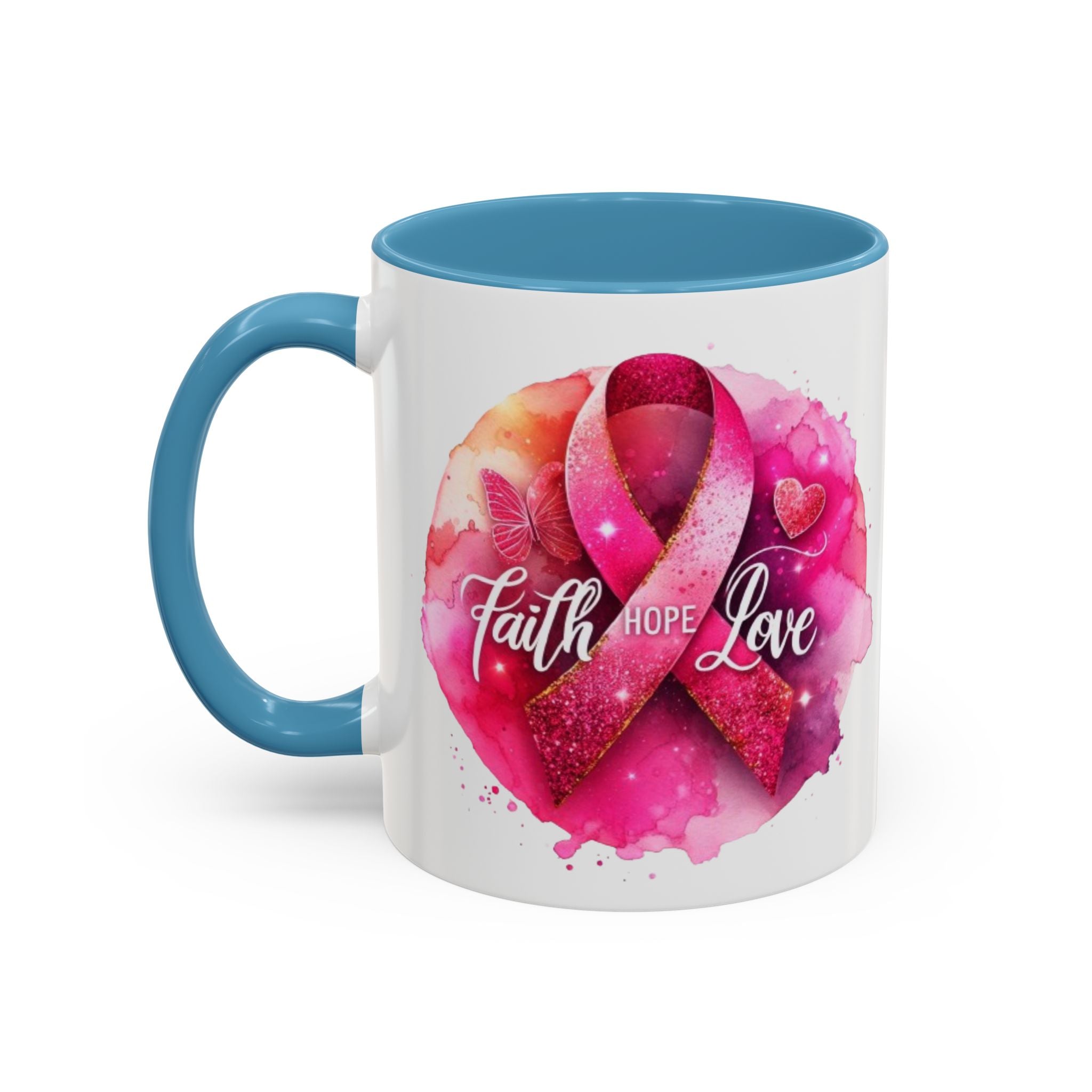 Inspirational Accent Coffee Mug with Pink Ribbon Design, Faith Hope Love Gift, Cancer Awareness Mug, Supportive Drinkware, Meaningful [...]