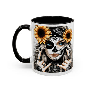 Sunflower Skull Accent Coffee Mug, Gothic Floral Mug, Unique Gift for Coffee Lovers, Boho Decor, Halloween Mug, Artful Drinkware