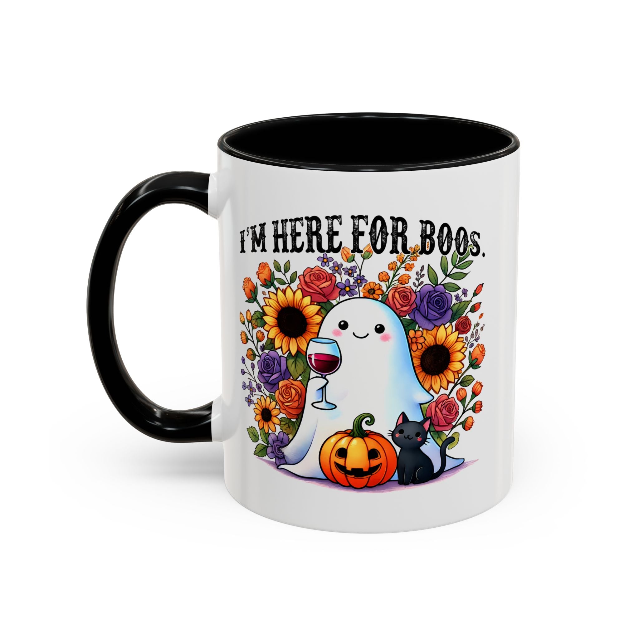 Spooky Floral Coffee Mug - I'm Here for Boos, Halloween Gift, Autumn Decor, Cute Ghost Mug, Cat Lover Drinkware