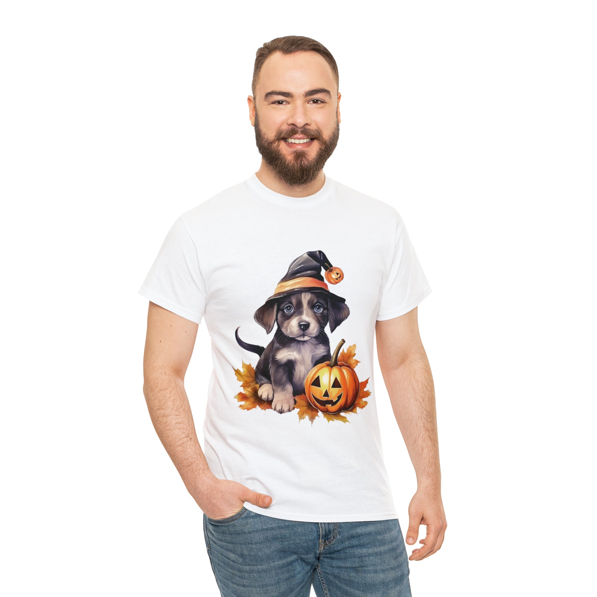 halloween t shirt puppy in witch hat cute gift for her stocking stuffer fall fun item for whole family Unisex Heavy Cotton Tee