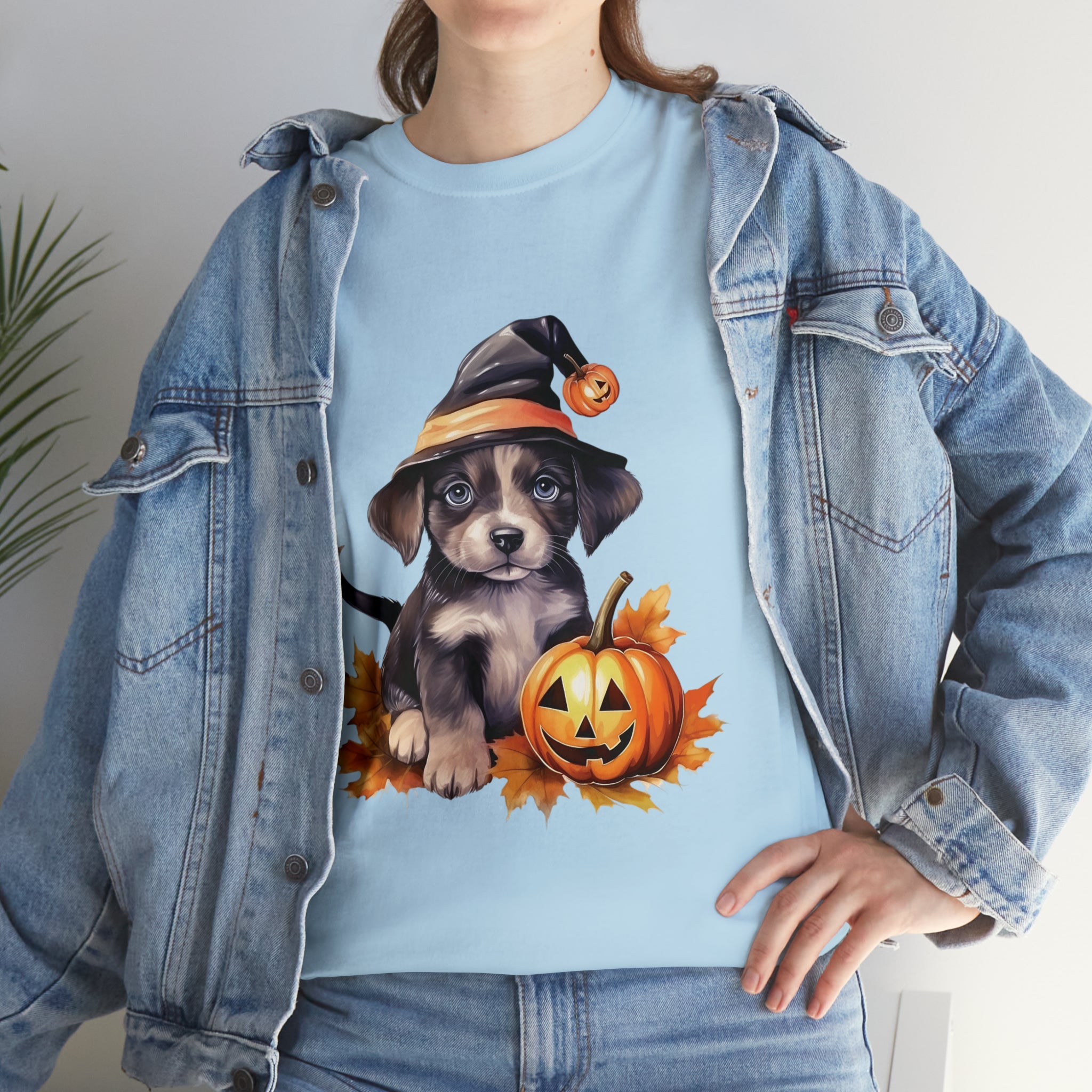halloween t shirt puppy in witch hat cute gift for her stocking stuffer fall fun item for whole family Unisex Heavy Cotton Tee