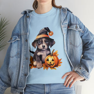 halloween t shirt puppy in witch hat cute gift for her stocking stuffer fall fun item for whole family Unisex Heavy Cotton Tee