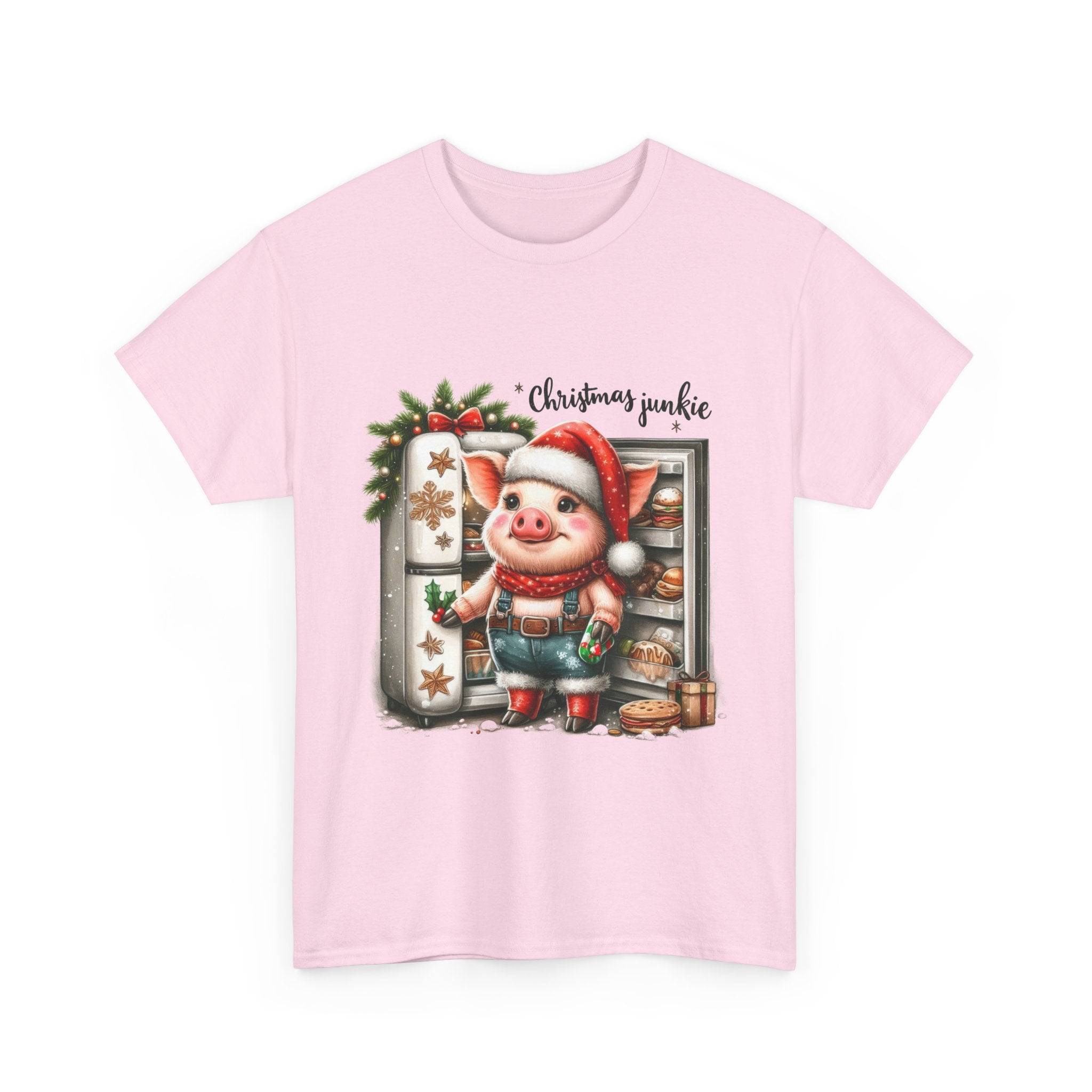 Christmas Junkie Unisex Cotton Tee, Fun Holiday Shirt, Christmas Gift, Pig T-Shirt, Festive Apparel, Cute Christmas Outfit
