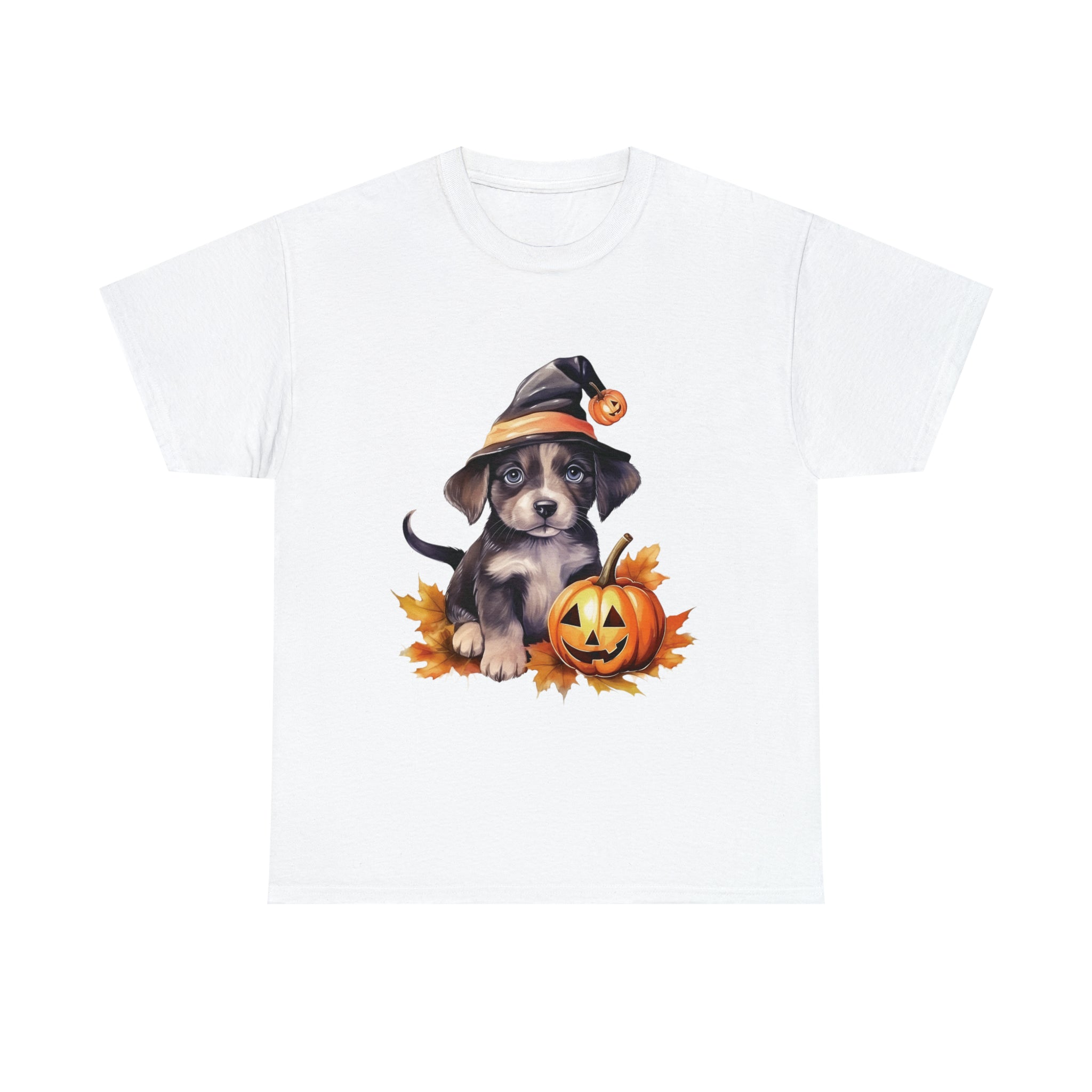 halloween t shirt puppy in witch hat cute gift for her stocking stuffer fall fun item for whole family Unisex Heavy Cotton Tee