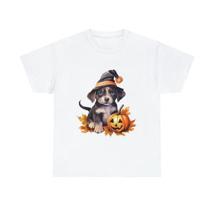 halloween t shirt puppy in witch hat cute gift for her stocking stuffer fall fun item for whole family Unisex Heavy Cotton Tee